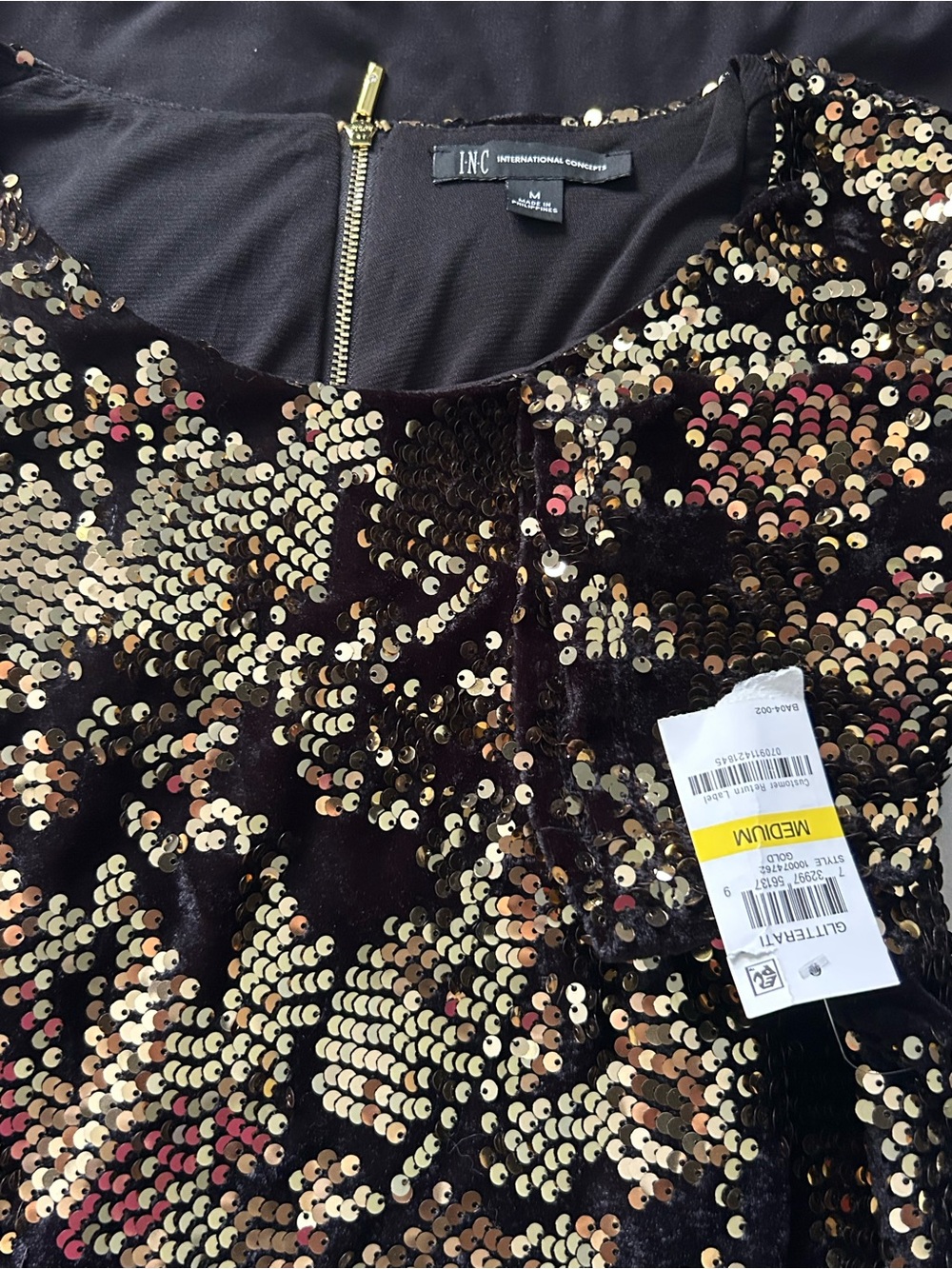 INC International Concepts Black Velvet Sequin Dress with Gold Sequins SZ Medium